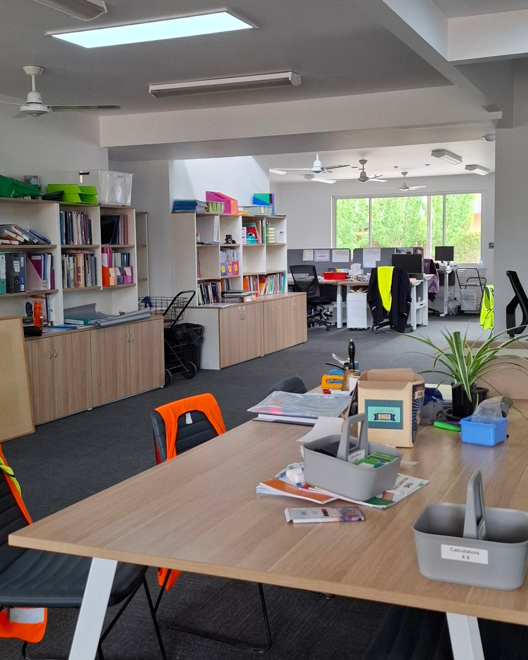 Staff room with desks and cubby shelves